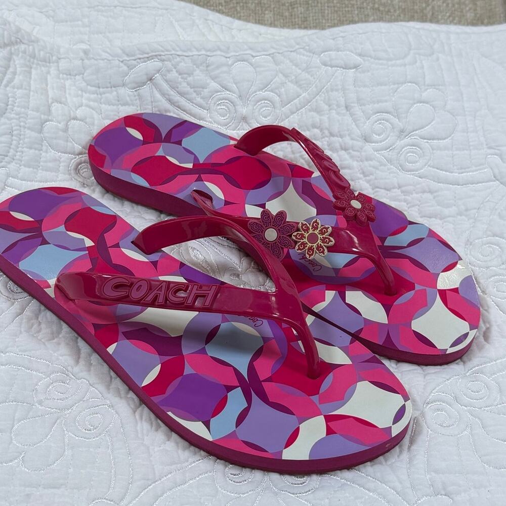 Coach Women's 7 Pink Kerrie Jelly Floral Print Flip Flop Sandals Summer Beach